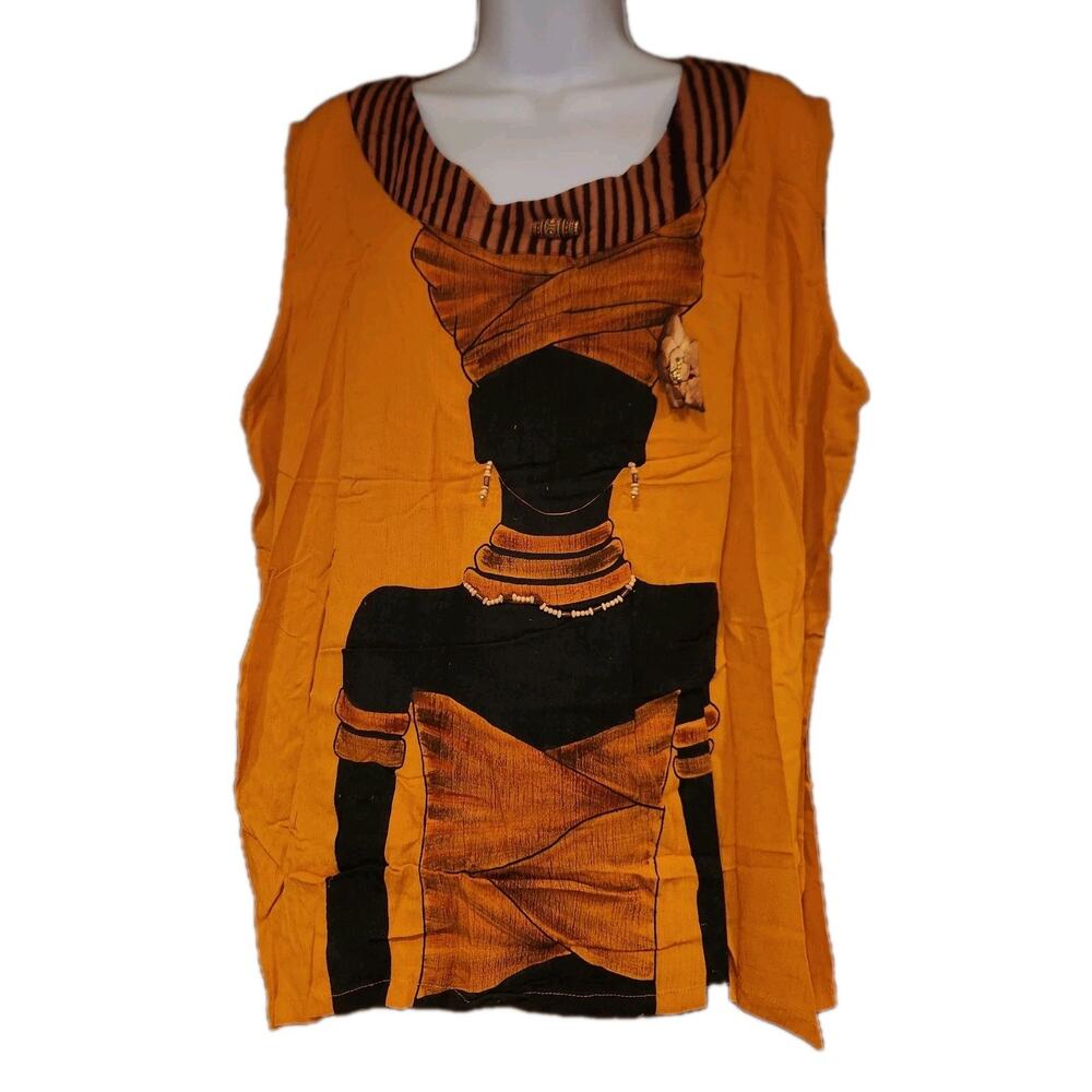 NWT Vntg Original Freestyle African‎ Woman Print Sleeveless Top With Beads Sz XL